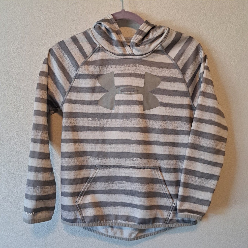 Under Armour Storm Girls Grey White Striped Logo Hoodie Pullover Sweatshirt